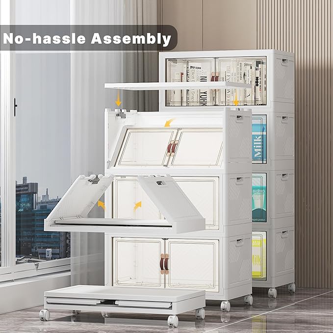UAMFURI Extra Large Stackable Storage Bins with Lids & Wheels & Door, 208QT-52QT/13GAL*4Pack Foldable Collapsible Closet Organizers, Plastic containers drawers for bedroom Dorm