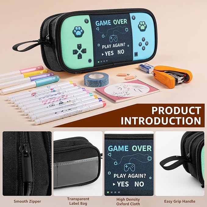 Easozoom Large Game Controller Pencil Case for Teen Boy Kid Capacity Pen Box Pouch Organizer Holder Bag with 3 Compartments & Zipper School College Office Supplies (1PCS Pencil Case) (Blue&Green)