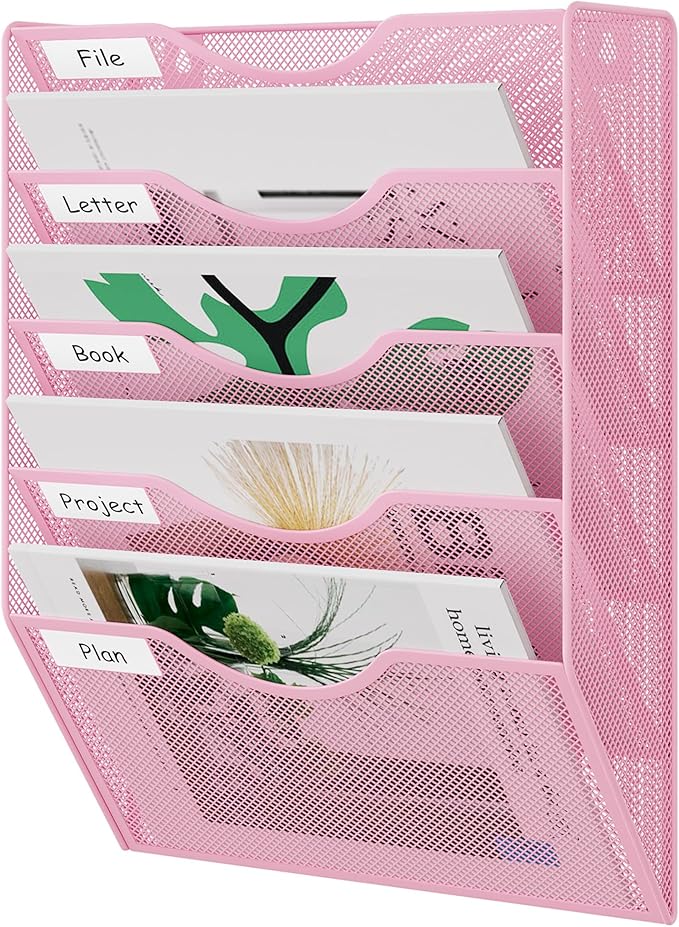 EasyPAG 5 Pocket Mesh Wall File Organizer, Hanging Paper Folder Holder with Classify Label, Vertical Wall Mount Mail Organizer for Office Home Classroom, Pink