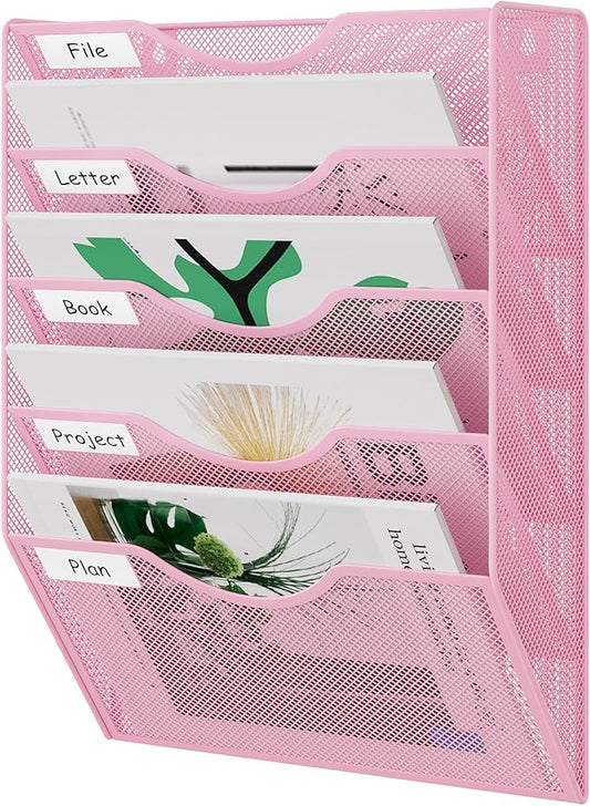 EasyPAG 5 Pocket Mesh Wall File Organizer, Hanging Paper Folder Holder with Classify Label, Vertical Wall Mount Mail Organizer for Office Home Classroom, Pink