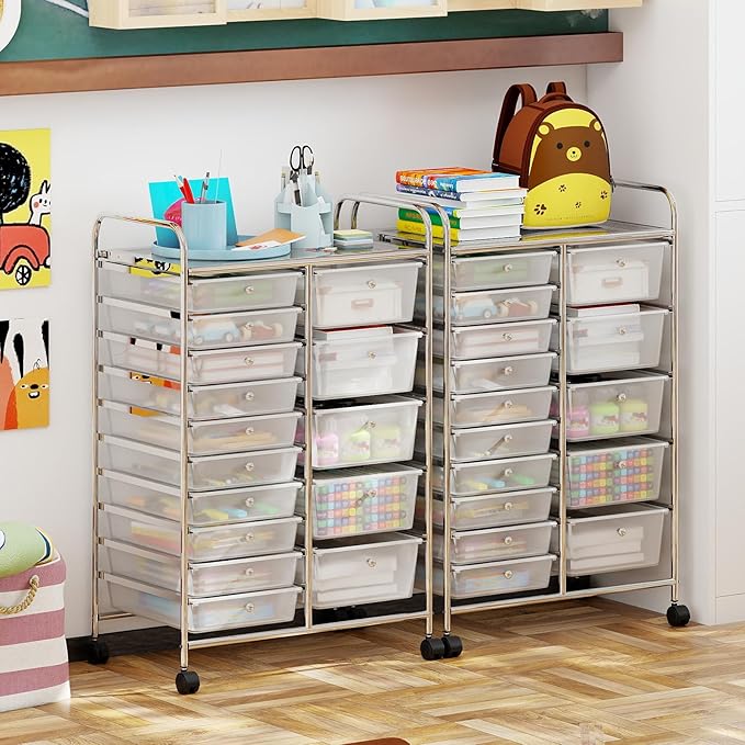 Giantex 15 Drawer Rolling Cart with Drawers, Storage Organizer Cart for Classroom Office School Teacher, Mobile Drawer Cart for Tools, Crafts, Small Printer, Clear