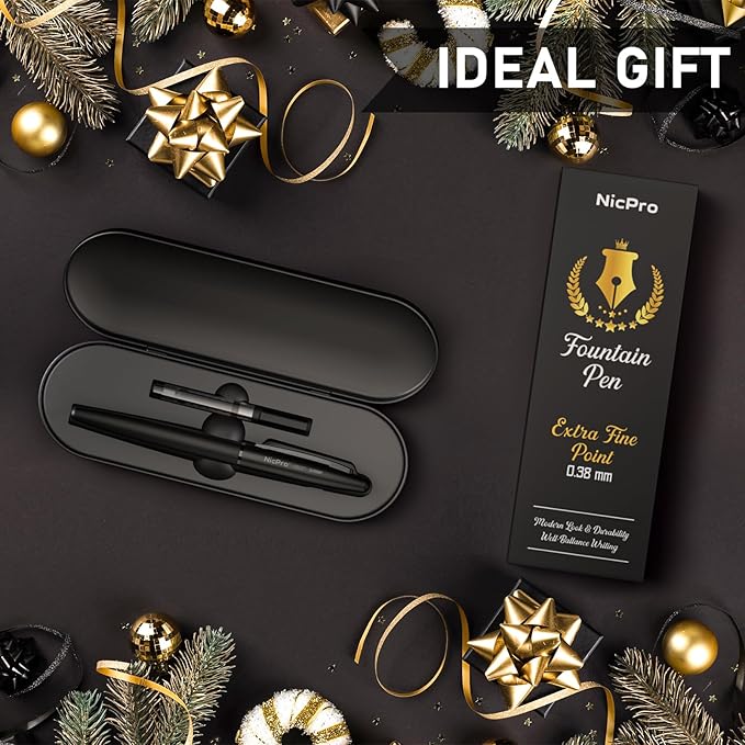 Nicpro Fountain Pen Set with Box, Classic Black Fancy Pen with Converter, 0.38mm Extra Fine Nib Smooth Writing Calligraphy, Office, Business, Luxury Pen