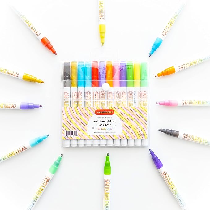 Incraftables Outline Glitter Markers (12 Colors) – Metallic, Double Line Pens, Shimmer Markers for Crafts, Greeting Cards, Drawing