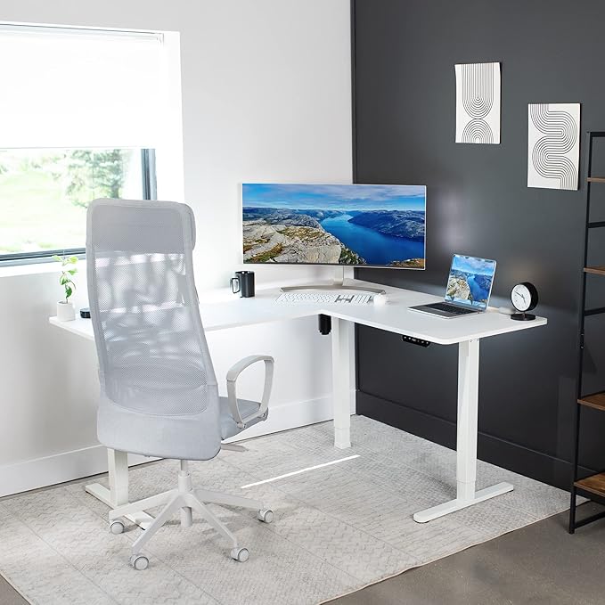 VIVO Electric Corner 63 x 55 inch L-Shaped Standing Desk, Memory Height Adjustment, White Top White Frame, DESK-E3CTW