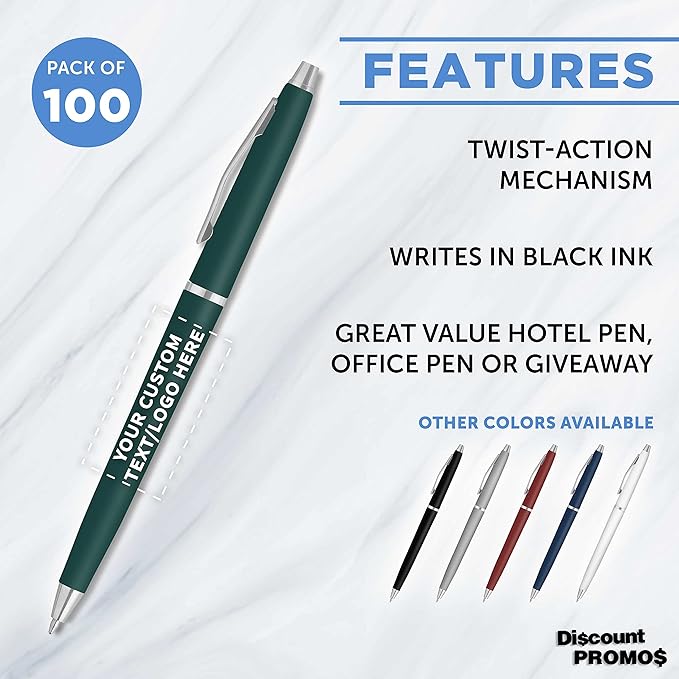 DISCOUNT PROMOS Custom Langham Ballpoint Pens Set of 100, Personalized Bulk Pack - Black Ink, Great for Office, School, Business, Tradeshows - Hunter Green