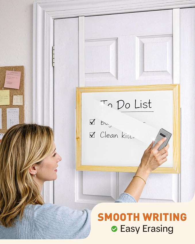 Over The Door Whiteboard, 16"x12" Wooden Dry Erase Board with 2 Hanging Rods, Small White Board for Door, Cubicle Whiteboard for Home, Office, Dorm, No Drills