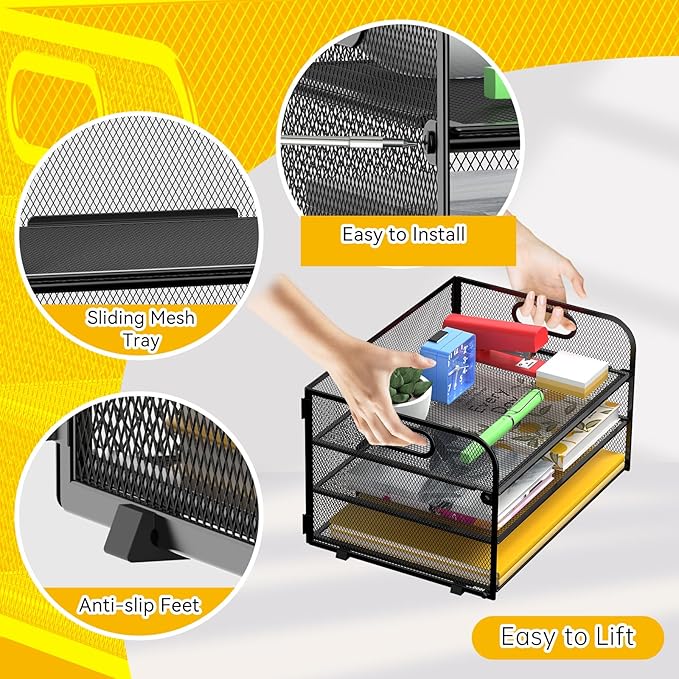 MINDEPOT 3 Tier Paper Organizer Tray with Handle, Mesh Letter Tray for Office, Home, School (1 Pack), Black
