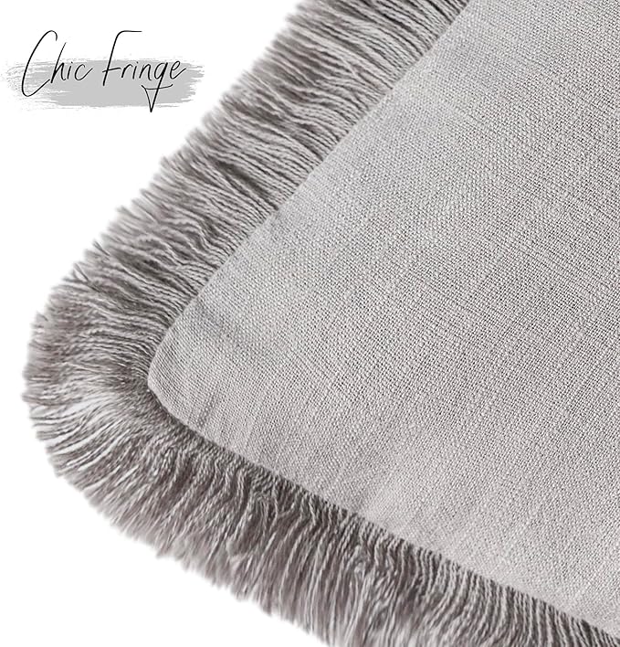 Foindtower Set of 2 Decorative Linen Fringe Throw Pillow Covers Cozy Farmhouse Cushion Cover with Tassels Accent Pillowcase for Couch Chair Sofa Bed Living Room Home Decor,16×16 Inch,Light Rustic Gray