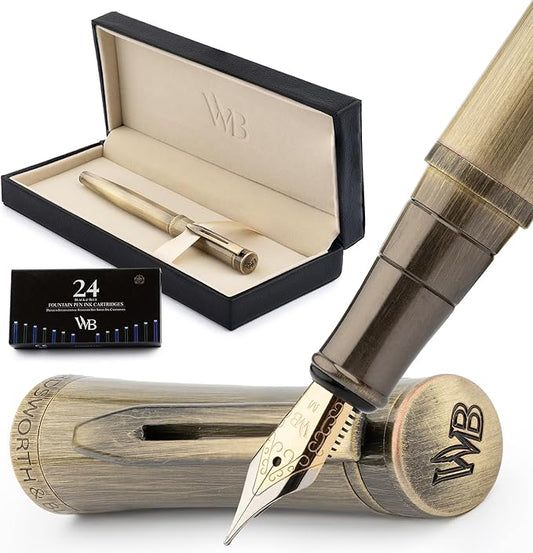 Wordsworth & Black Luxury Fountain Pen - Stunning Brushed Bronze Pen, 18K Gilded Nib (Medium), Ink Converter, Best Pen Gift Set for Men & Women, Professional, Executive, Office, Nice Pens