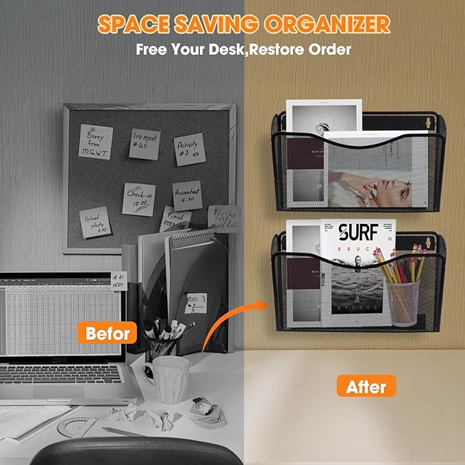 AGPTEK Magnetic File Holder, 3PCS File Paper Mail Organizer No Drilling Magnet Paper Mail Organizer Magazine Basket, Hanging Wall Storage Rack for Fridge Cabinets Office Classroom