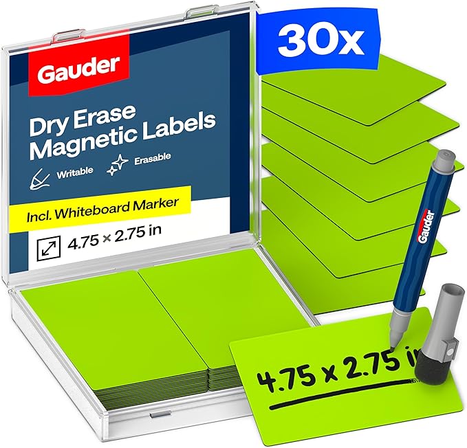 GAUDER Magnetic Dry Erase Labels | 30x Magnetic Labels (4,75 Inches x 2,75 Inches) | 30x Dry Erase Magnets for Classroom, Whiteboard and Blackboard
