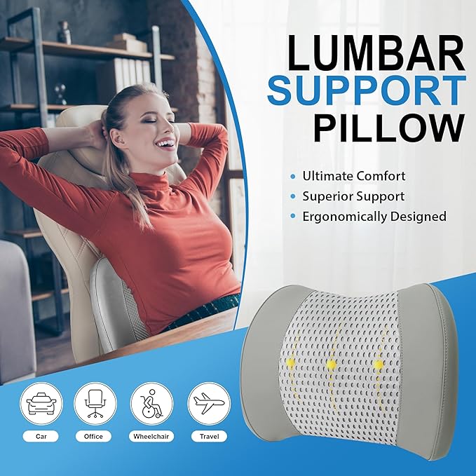 Lofty Aim Memory Foam Lumbar Support Cushion Relieves Lower Back Pain for Car, Office Chair, and Wheelchair Use, 4D Mesh Cover, Gray