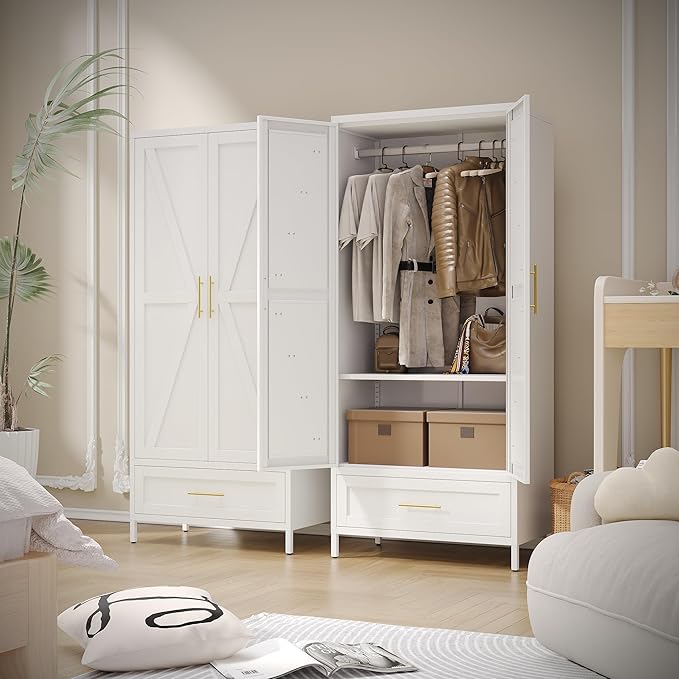SUPEER Metal Wardrobe Cabinet with 1 Drawer and Hanging Rod, 70.9" H Metal Closet Cabient with Adjustable Shelf for Bedroom, Laundry Room, Home,Office,Installation Required,White
