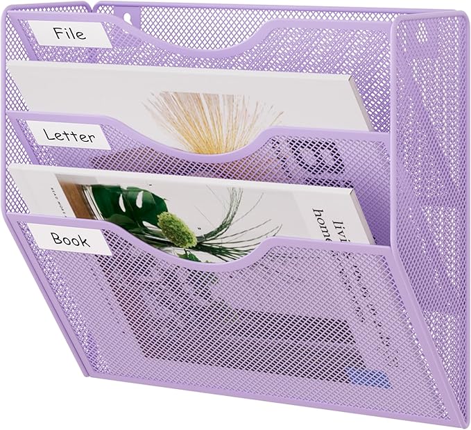 EasyPAG 3 Pocket Mesh Wall File Organizer, Hanging Paper Folder Holder with Classify Label, Vertical Wall Mount Mail Organizer for Office Home Classroom, Purple