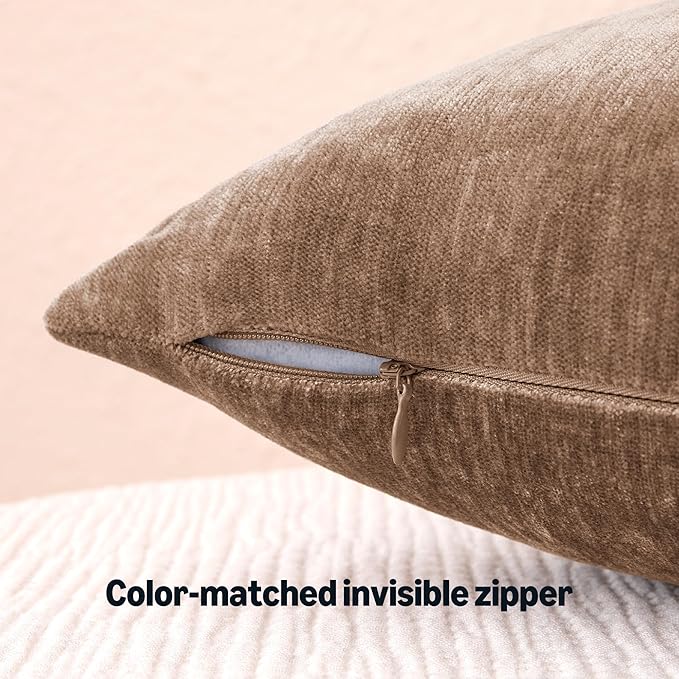 Amazon Basics Chenille Throw Pillow Covers, Home Decor Cushion Cover for Bedroom Living Room Couch Bed, 16" W × 16" L, Brown