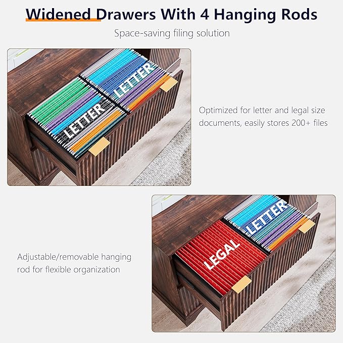JXQTLINGMU 2 Drawer File Cabinet with Charging Station, 30" Fluted Lateral File Cabinet w/Files Hanging Rod for Letter/Legal/A4, Large Tabletop for Printer, Office Wood Printer Cabinets, Dark Walnut