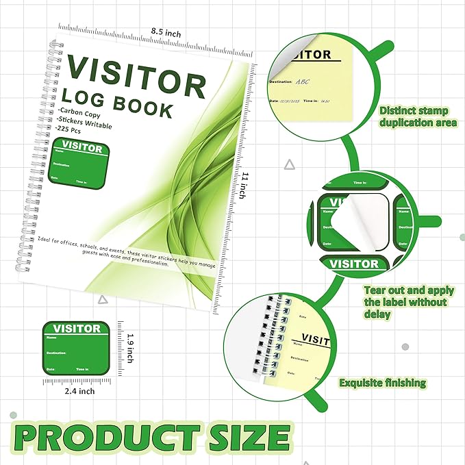 1 Pack Visitor Badges with Carbon Copy Visitor Stickers Letter Size Visitor Log Book Protecting Privacy Pages Register Book Business Guest Name tag for School Clinics Church-225 Badges 30 Memo Pages