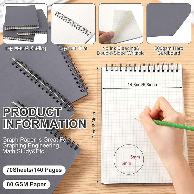 Engrowtic 6 Pack Graph Paper Spiral Notepad A5 Top Wirebound Notepad Grid Notebook Steno Pads Memo Notebook Grid Paper 140 Pages for Writing Sketching Drawing Office Supplies (Dark Grey)