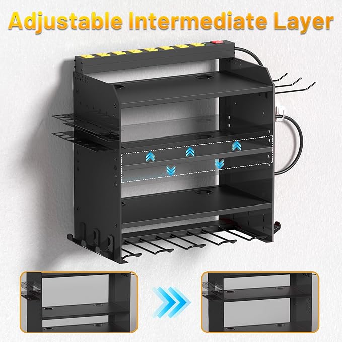 CFMASTER 4-Layer Wall-Mounted Power Tool Organizer Rack,Heavy Duty Adjustable Shelves Organizer for Cordless Power Tool Batteries,Space-Saving Garage & Workshop Charging Station 8 Outlets Power Strip
