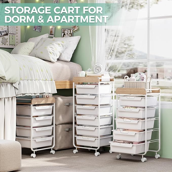 Rolling Storage Utility Cart With 6 Drawers,Art Supply Craft Organizer,Sewing Makeup Organizer And Storage,Office Organization Wooden Tabletop,White