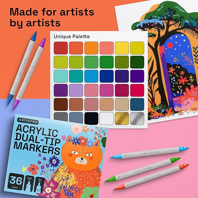 ARTISTRO 36 Acrylic Paint Markers - Paint Pens Dual Tip Brush + Fine Ideal for Calligraphy - Perfect for Fabric, Rock, Glass, Wood, DIY - Art Supplies, Stocking Stuffers, Christmas Gift Idea