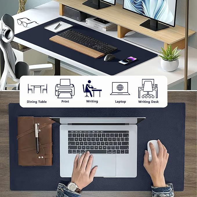 PU Leather Desk Pad Protector Gaming Mouse Pad Non Slip Desk Mat for Keyboard and Mouse Waterproof Desk Writing Pad for Office and Home Desk Accessories(Dark Blue, 35.4 * 17.7)