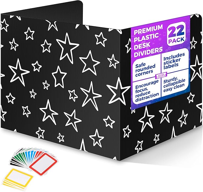 22-Pack Desk Dividers for Students - Star, Durable & Waterproof Plastic Study Carrel Divider, Classroom Folders Teacher Supplies, Easy-to-Clean Plastic Privacy Shield Folder Boards for Student Desks