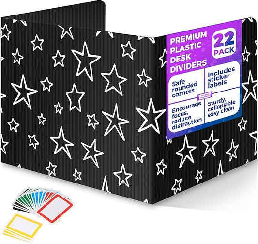 22-Pack Desk Dividers for Students - Star, Durable & Waterproof Plastic Study Carrel Divider, Classroom Folders Teacher Supplies, Easy-to-Clean Plastic Privacy Shield Folder Boards for Student Desks