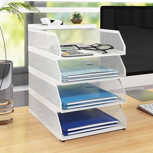 Natwind 4-Tier Stackable Paper Tray, Metal Mesh Desktop Organizer, Paper Sorter, Letter Trays,File Document Storage Rack for for Home, Office, School (White)