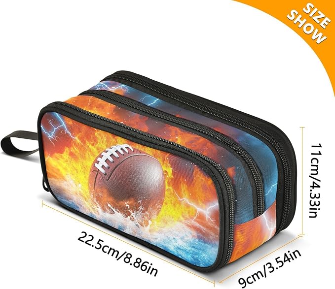 DVGMBXY Football Water and Fire Pencil Case Box for kids Teens Boys Girls Large Pencil Pouch with Zipper Compartments Big Capacity Stationery Pen Bag Organizer for Kids Teens Adults School Office