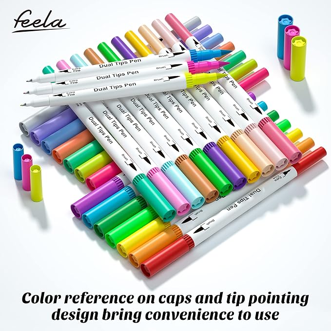 feela 100 Colors Dual Tip Brush Pens with Fineliners Art Markers, Watercolor Dual Brush Tip and Highlighters For Adult Coloring Books, Art, Sketching, Calligraphy, Manga, Journal