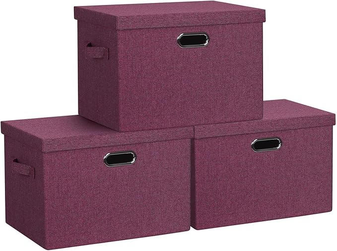 Graciadeco Large 17" 36 Quart Collapsible Stackable Storage Bins with Lids, 3 Packs Purple Linen Fabric Closet Boxes with Lids, Storage Cube Baskets Container Organizers for Bedroom Office (17x12x11)