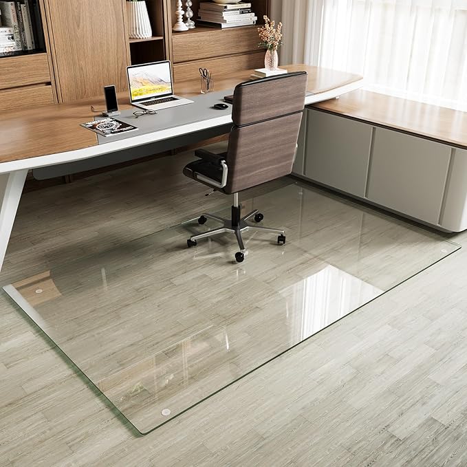Koonmi Tempered Glass Chair Mat for Hardwood Floors & Carpets, 48" x 80“ Transparent Heavy Duty Office Floor Protector with Noise-Free Gliding Shatterproof for Home Office Desk