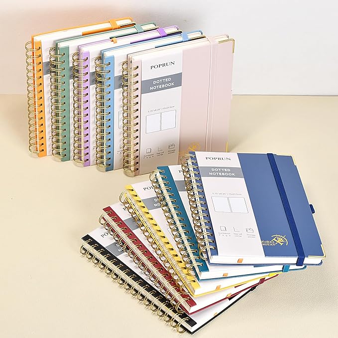 POPRUN Spiral Dotted Journal Notebook, [A5-5.75'' x 8.25''] - 120 GSM Thick Paper, 141 Numbered Pages, Hardcover for Men & Women with Pocket, Index Tabs, 8 Perforated Sheets, Light Pink