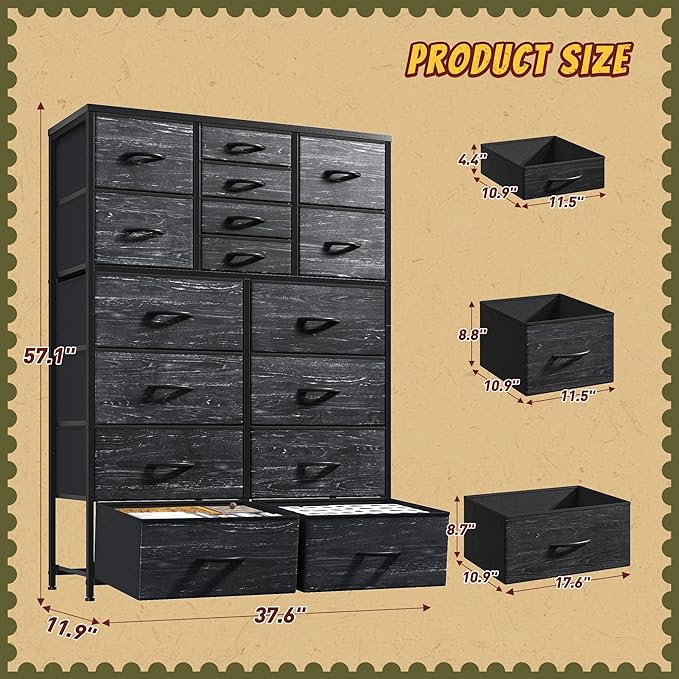 Romorgniz 57“H Dresser for Bedroom with Drawers, Fabric Dressers & Chests of Drawers, Large Black Dresser with Sturdy Metal Frame, Wood Top,Entryway, Hallway