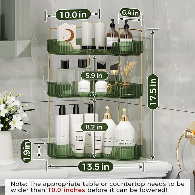 YCIA&DONE Corner Bathroom Counter Organizer, Makeup Organizer for Vanity, Skincare Cosmetic Perfume Tray, Corner Countertop Shelf Rack Storage for Bathroom Kitchen 3 Tiers (Vintage Green)