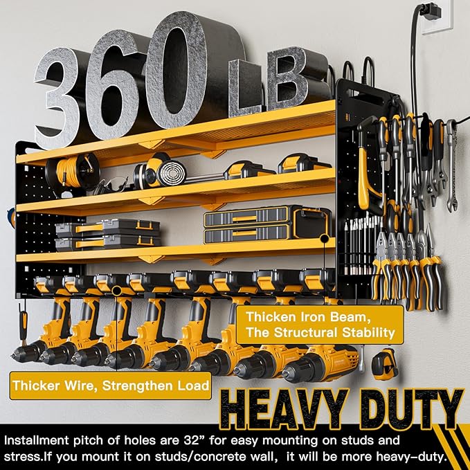 NattyDot Power Tool Organizer Wall Mount with Charging Station, 8 Drill Holder, 4 Layer Storage Rack for Garage Organization, Tool Holder with 8 Outlet Power Strip (Yellow)