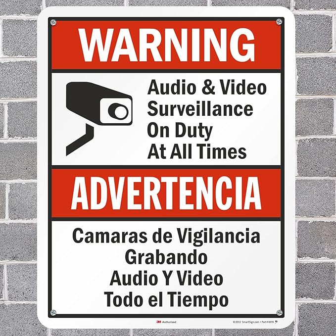 SmartSign 30 x 24 inch “Warning - Audio & Video Surveillance On Duty At All Times” Bilingual Sign, 80 mil Aluminum, 3M Laminated Engineer Grade Reflective Material, Red, Black and White, USA-Made