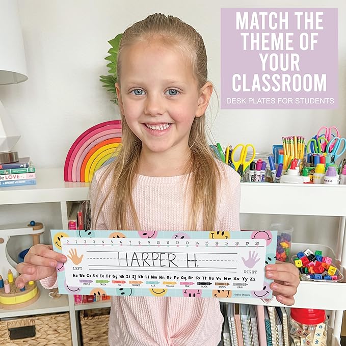 Desk Name Tags for Classroom – 36 Student Name Plates for Classroom Kindergarten, Preschool, 1st, 2nd & 3rd Grade, 14.5 x 4in Teacher Nameplates for Student Desks, Smiley Nametags