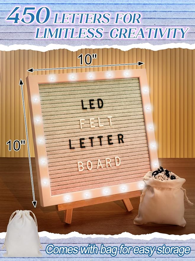 Changeable Felt Letter Board with LED Lights - 10×10" Message Custom Signs & Wood Stand & 450 Letters, Poster Board for Valentine's Day/Baby/Pregnancy Announcement/Classroom Wall Decor Gifts, Gradient