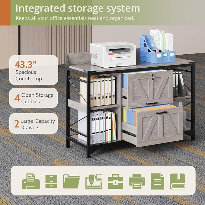 AesthLife 44" File Cabinet for Home Office, Wood Filing Credenza with Built-In Power Outlet, 2 Drawer File Cabinet with Lock, 4 Open Shelves, Metal Shelf, Adjustable Drawer fit to Legal/Letter/A4 Size