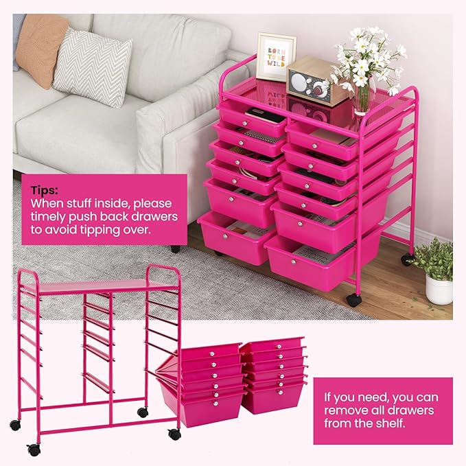 Giantex 12 Drawer Rolling Storage Cart Tools Scrapbook Paper Office School Organizer (Hot Pink)