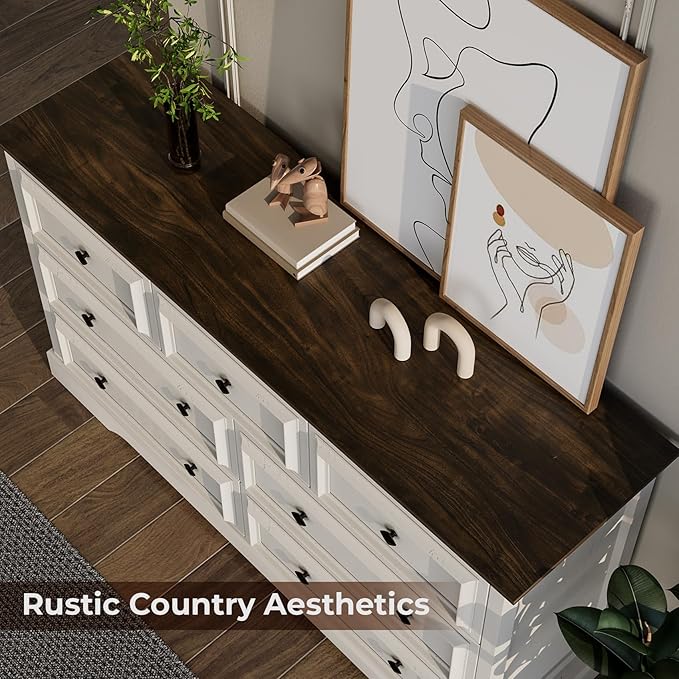 VVFLU Farmhouse 7 Drawer Dresser for Bedroom, 54" Wide Wooden Dresser with Natural Texture & Vintage Metal Knobs, Large Chest of Drawers for Bedroom, Living Room, Hallway, Antique White