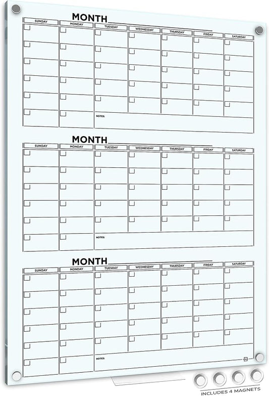Glass Whiteboard Calendar 34x46” Quarterly Planner White Board Dry Erase Board 3 Month for Wall Glass Whiteboard Home Office Large Wall Calendar & Marker Tray