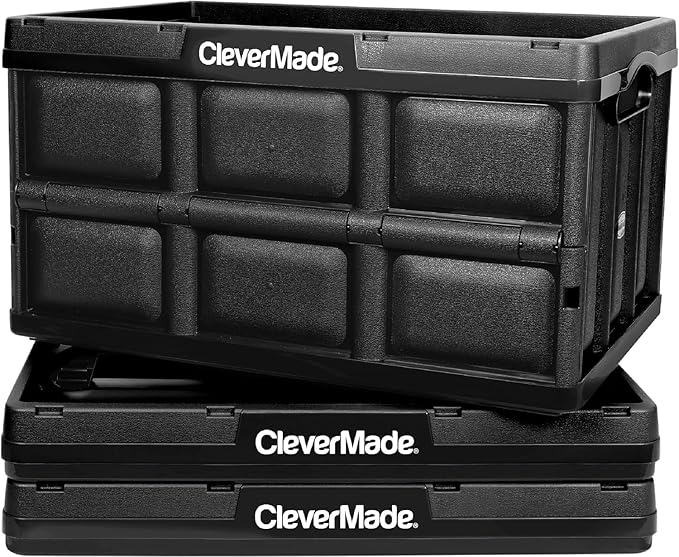CleverMade Collapsible Storage Bins - Obsidian 3 Pack 32L - Stackable Containers Heavy Duty Capacity Folding Crates - Space-Saving for Home