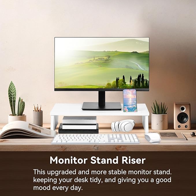 Qupui 21" Monitor Stand Riser with Phone Holder, Monitor Stand for Desk, Computer Monitor Stand, Desk Shelf for Top of Desk, Desktop Organizer for Laptop, Printer, TV