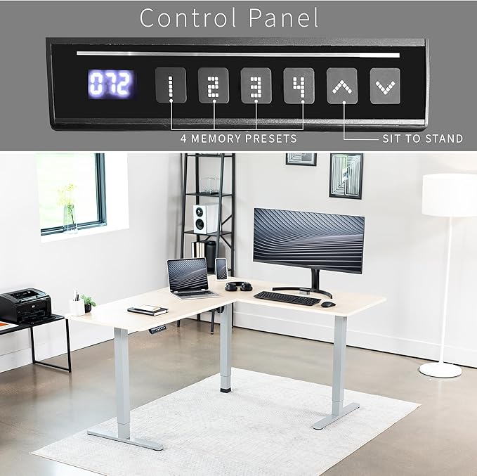 VIVO Electric Corner 63 x 55 inch L-Shaped Standing Desk, Memory Height Adjustment, Light Wood Top Gray Frame, DESK-E3CTGC