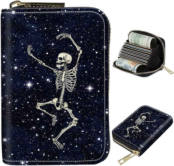 BWEGRHE Cute Credit Card Holder with Zipper, Dance Skull Skeleton RFID-Blocking Card Case Small Wallet for Women Men, Multi-slot Card Organizer Case Travel Accordion Wallet