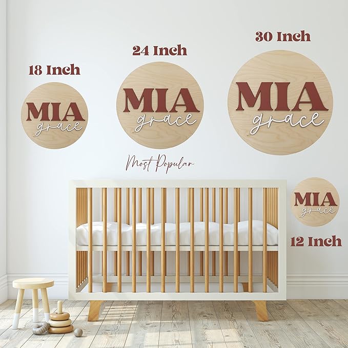 Custom Round Nursery Name Sign, Personalized Wooden Wall Plaque, 12" 18" 24" 30" 3D Wall Art for Children & Kids Rooms, Baby Shower, Hickory Hollow Designs (Olivia Grace)
