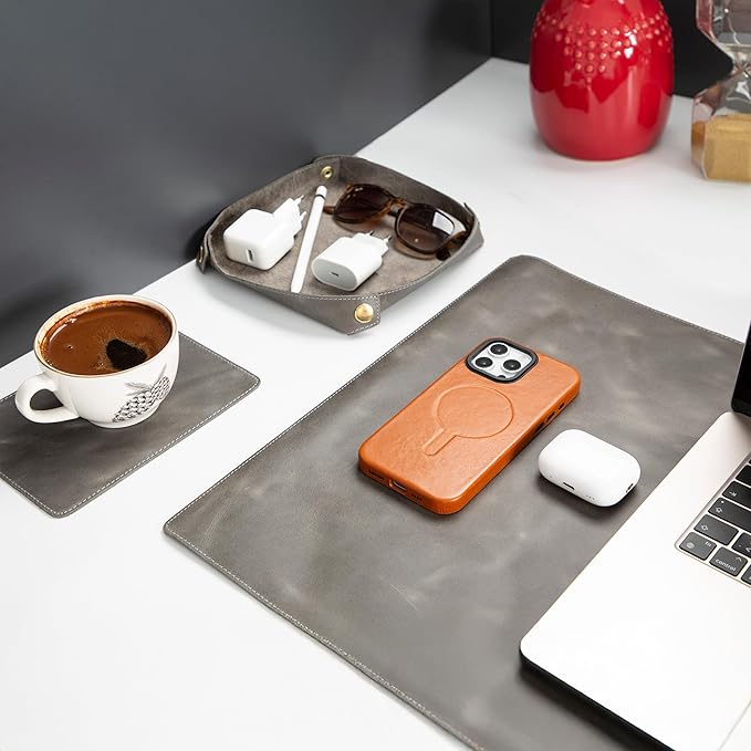 Node Leather - Genuine Leather Desk Mat (32" x 16"), Desk Organizer & Cup Coaster - Leather Office Set - Premium Handmade Office Accessories for Elegant Workspace - Gray